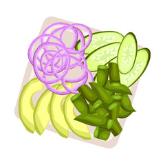 Sliced vegetables on a square plate. Vector illustration.