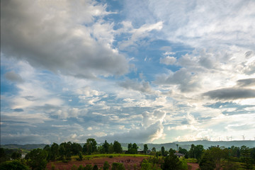 beautiful blue sky high peak mountains mist fog wildlife green forest at  Phu Tub Berk Khao Koh Phetchabun Thailand guiding idea long weekend for backpacker camping campfire relaxing hiking  