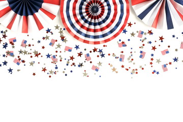 4th of July American Independence Day, celebration, patriotism and holidays party concept from paper fans and confetti usa flag colors top view on white background. Copy space 
