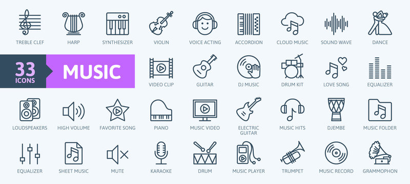 Music web icon set - outline icon set, vector, thin line icons collection