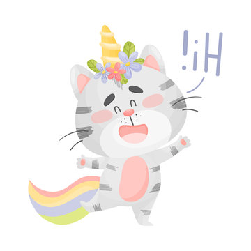 Cat unicorn welcomes. Vector illustration on a white background.