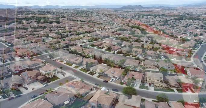 4k Ghosted American Flag Waving With Aerial of Neighborhood Streets and Homes Background