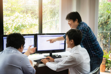 Programmers team working in a software developing. Developing programming and coding technologies. Website design. Cyber space concept.