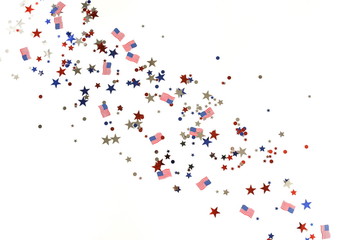 4th of July American Independence Day background . Holiday confetti usa flag colors decorations on white background. top view, 
