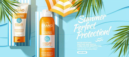 Summer sunscreen spray and cream ad