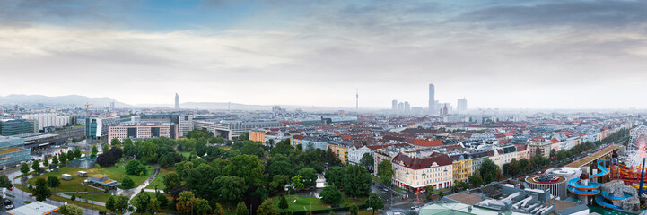 Aerial Vienna city panorama from Vienna Ferris wheel in Wurstelprater, Austria. Skyline view