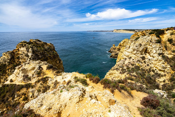 Landscape of Algarve coastline from Ponta da Piedade looking toward Cape Sagres, Portugal