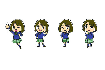 元気な女子学生のポーズセット
