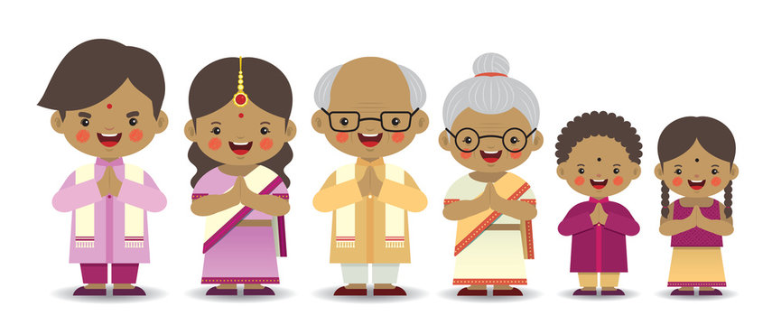Set of cute cartoon indian family isolated on white background. Diwali or deepavali character in flat vector design. Father, mother, grandfather, grandmother, brother & sister.
