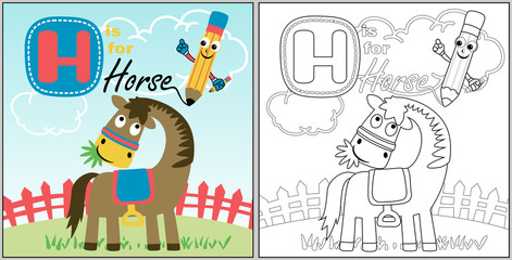 cartoon of funny horse with pencil on garden, coloring book or page