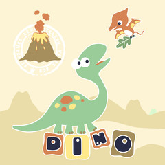 vector cartoon of dinosaurs, brontosaurus with pterodactyl
