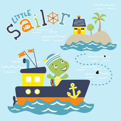cartoon of turtle the sailor on boat, sail to small island