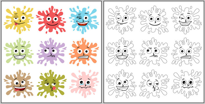 facial expression cartoon of colorful splash water, coloring book or page