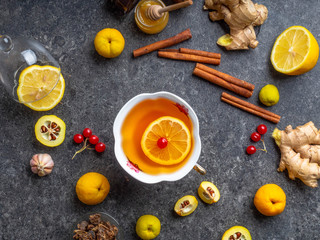 Cup of ginger hot tea with lemon and honey, cinnamon. autumn or winter drink