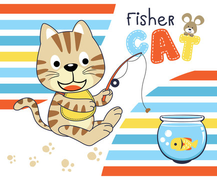 Cat fishing in the jarr, vector cartoon illustration