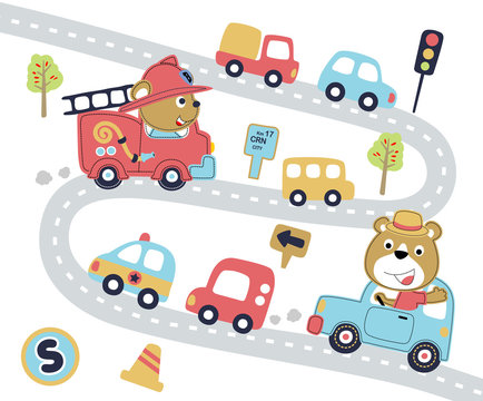 vehicles in road with funny drivers, vector cartoon illustration