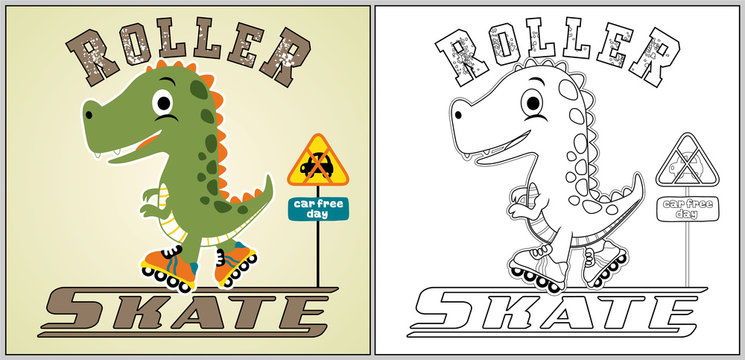play roller skate with dino, vector cartoon, coloring page or book
