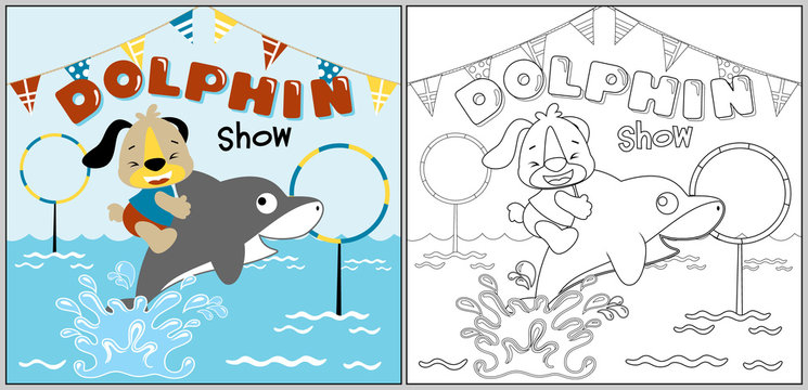 dolphin with puppy play in water, vector cartoon, coloring page or book