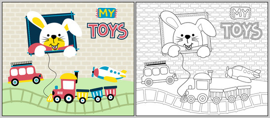 Fototapeta premium bunny cartoon with toys, coloring book or page