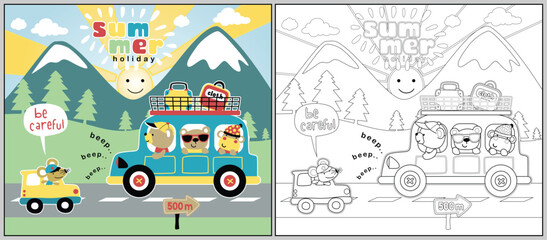 Naklejka premium animals travel cartoon on mountain landscape background, coloring book or page