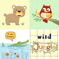 jungle animals cartoon, bear, owl, crocodile