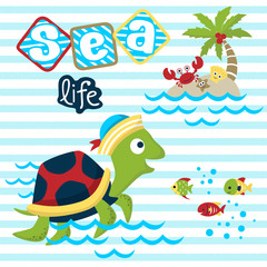 vector cartoon of marine life. Turtle, fishes, crab, starfish, shellfish on island