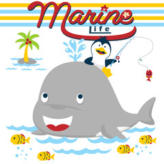 cartoon of penguin fishing while ride on whale