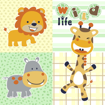 vector cartoon of happy animals, lion, giraffe, hippopotamus