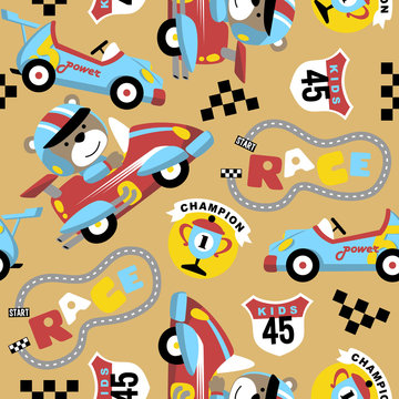 seamless pattern of cars racing cartoon theme set with funny racer