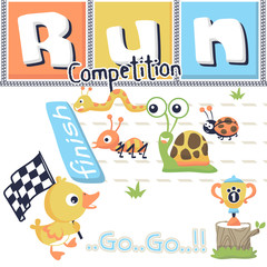 funny race cartoon with group of little animals, snail, caterpillar, ladybug, ant, bird