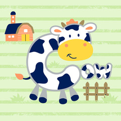 Funny cow cartoon shaped C letter, barn, fence, grass on striped background