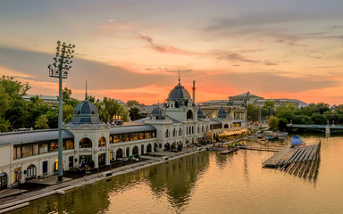 Old building of Budapest in the city park. boating lake, 