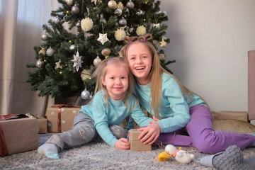 Fototapeta na wymiar Two smiling girls sisters posing to photo sitting near Christmas tree looking at camera. They hugging together. Family xmas shot. Traditional New Year interior in living room. Winter holidays.