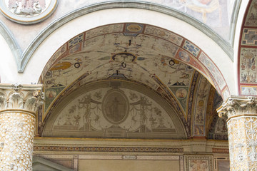 Frescoes in the first inner courtyard at medieval Palazzo Vecchio, Florence, Tuscany, Italy.