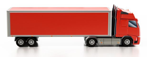 Red truck with blank space on the trailer. 3D illustration