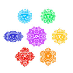 Seven human chakras symbols set, colorful icons, muladhara, svadhishthana, manipura, anahata, vishuddha, ajna, sahasrara, vector illustration