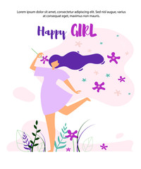 Obraz premium Happy Girl Walking on Lawn and Smelling Flower.