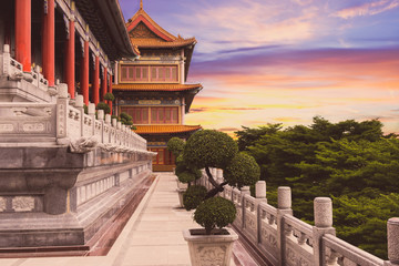 Exterior of Chinese temple at sunset, twilight time at Chinese temple, It is Chinese style...