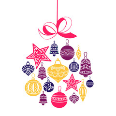 Christmas ball, sketch drawing for your design, greeting card, Christmas icons