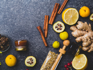 healthy ingredients lemon, cinnamon, ginger, cydonia, honey, berries chamomile flowers, propolis to prevent cold