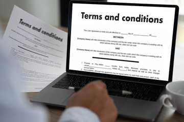Obraz premium Terms of use confirm terms disclaimer conditions to policy service man use pen Terms and conditions agreement or document