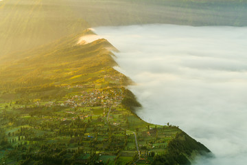 Morning view of Cemoro lawang village at mount Bromo in Bromo tengger semeru national park, East Java, Indonesia. A famous cliff village, under early Morning Mist.