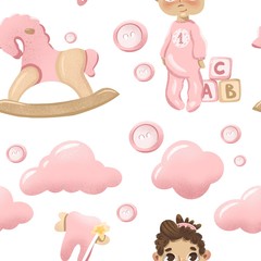 Seamless baby girl pattern for scrapbook paper design and first year projects