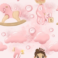 Seamless baby girl pattern for scrapbook paper design and first year projects