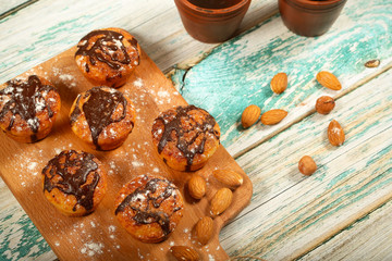 cake of rice flour with nuts and chocolate is on the table