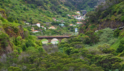 Countryside river and bridge close to Faial in northern Madeira. 