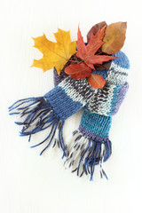 bouquet of autumn leaves wrapped in a scarf. warming composition