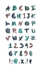 Fototapeta na wymiar English alphabet. The set of letters, numbers and signs is manually drawn with a felt-tip pen. Vector color isolated illustration on white.