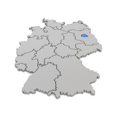 3d Illustation - Deutschlandkarte in grau mit Fokus auf Berlin in blau - 16 Bundesländer