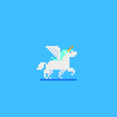 Fototapeta premium Fairytale unicorn with wings, running pegasus horse pixel art icon. Design for mobile app, web, logo. Isolated vector illustration on blue background. Game assets 8-bit sprite.